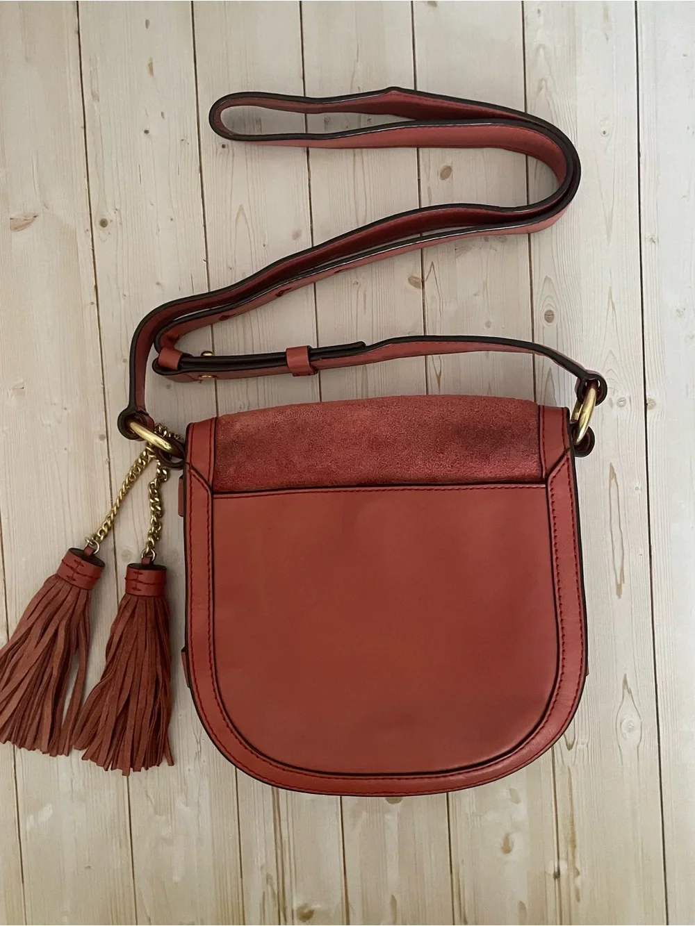 Michael Kors Dunn Burnt Sienna Suede Crossbody Saddle Bag Leather Suede Tassels